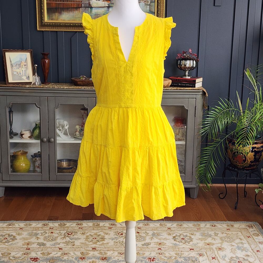 Laundry Shelli Segal Yellow Embroidered Tiered Dress Sz 10 Summer Brunch Casual